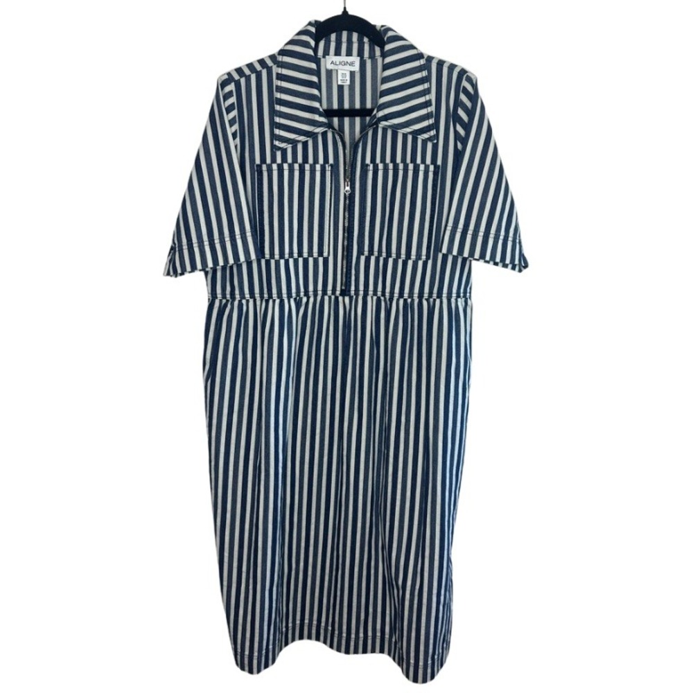 Anthropologie ALIGNE Gabriella Short-Sleeve Denim Midi Dress Striped Size 12 - Picture 4 of 9